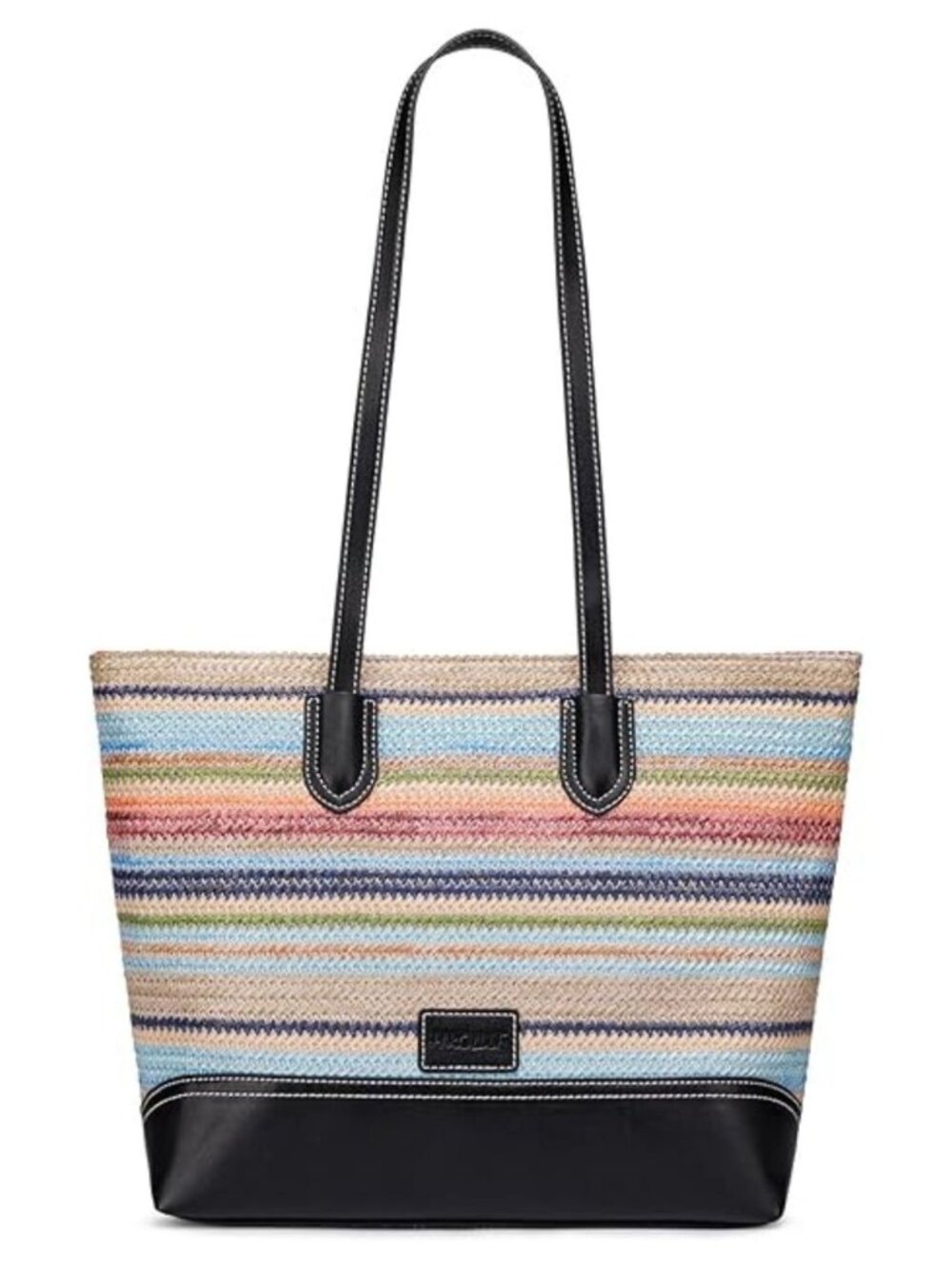 HKCLUF Rainbow Woven Striped Straw Tote Bag - Black Leather Trim